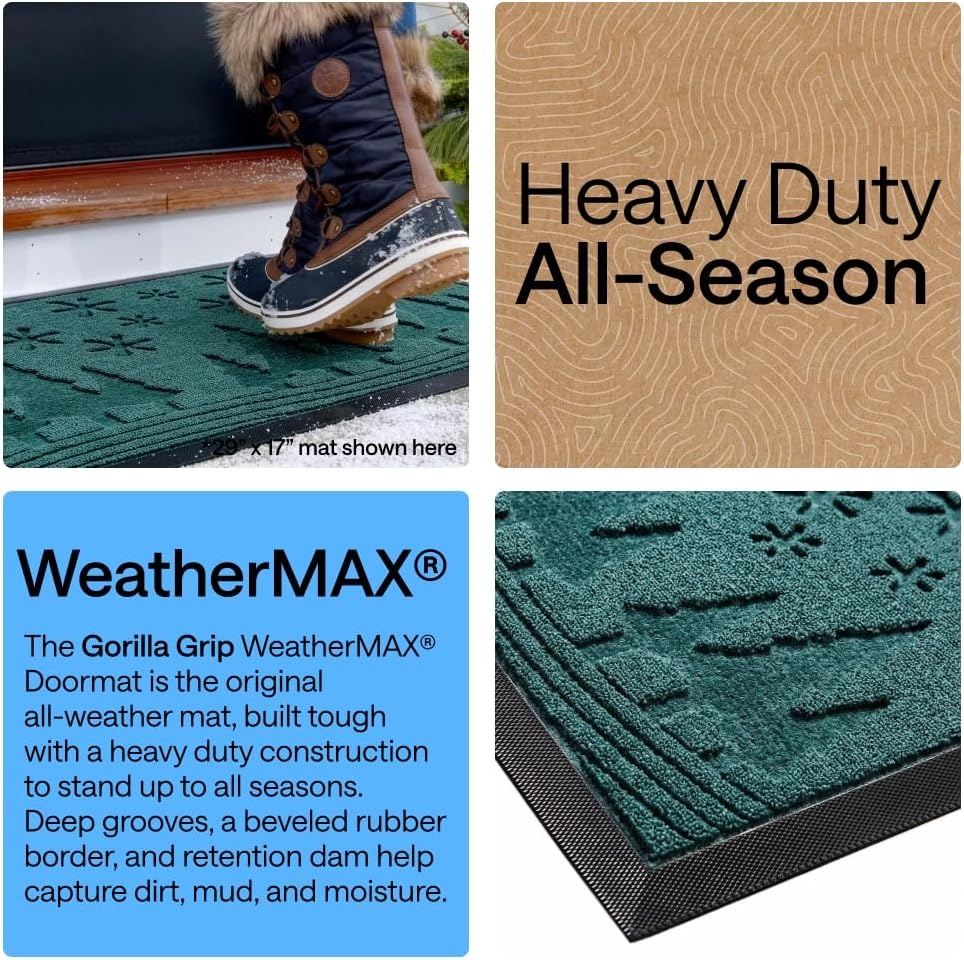 image:imageGORILLA GRIP 100 Waterproof AllSeason WeatherMAX Doormat US Designed Natural Rubber Stain Fade Resistant Low Profile Indoor Outdoor Door Mats Easy Clean 29x17 Gray DiamondEvergreen Snowscape
