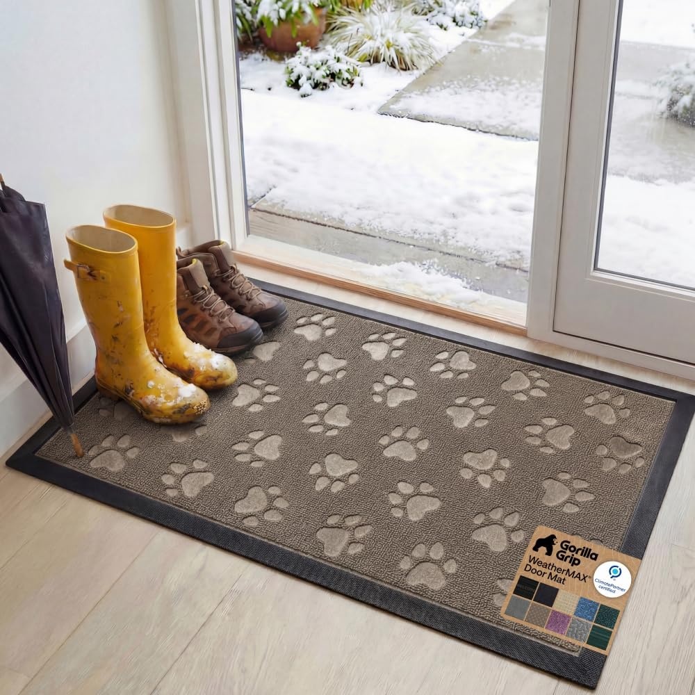 image:imageGORILLA GRIP 100 Waterproof AllSeason WeatherMAX Doormat US Designed Natural Rubber Stain Fade Resistant Low Profile Indoor Outdoor Door Mats Easy Clean 29x17 Gray DiamondTan Pawprints