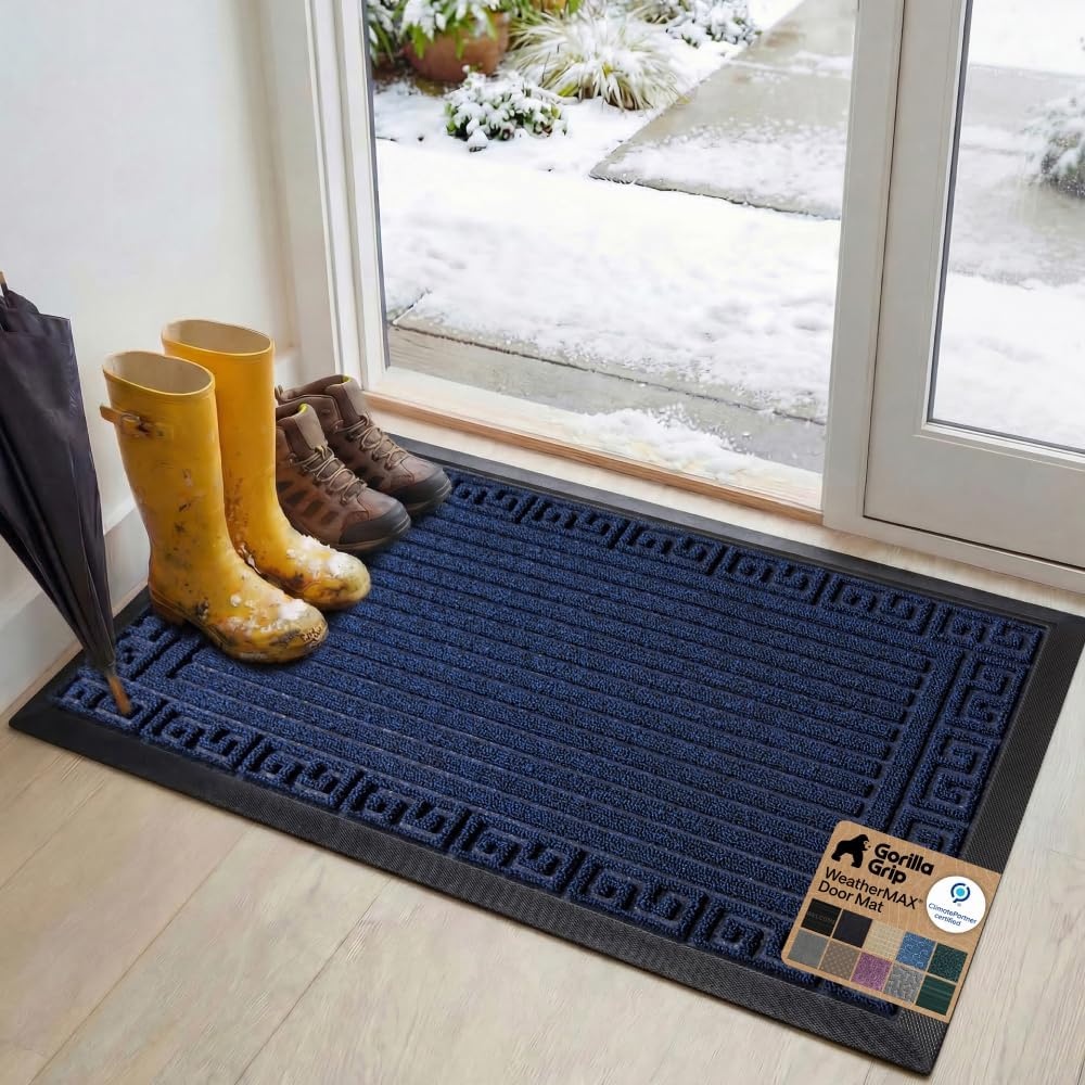 image:imageGORILLA GRIP 100 Waterproof AllSeason WeatherMAX Doormat US Designed Natural Rubber Stain Fade Resistant Low Profile Indoor Outdoor Door Mats Easy Clean 29x17 Gray DiamondNavy Greek Keys