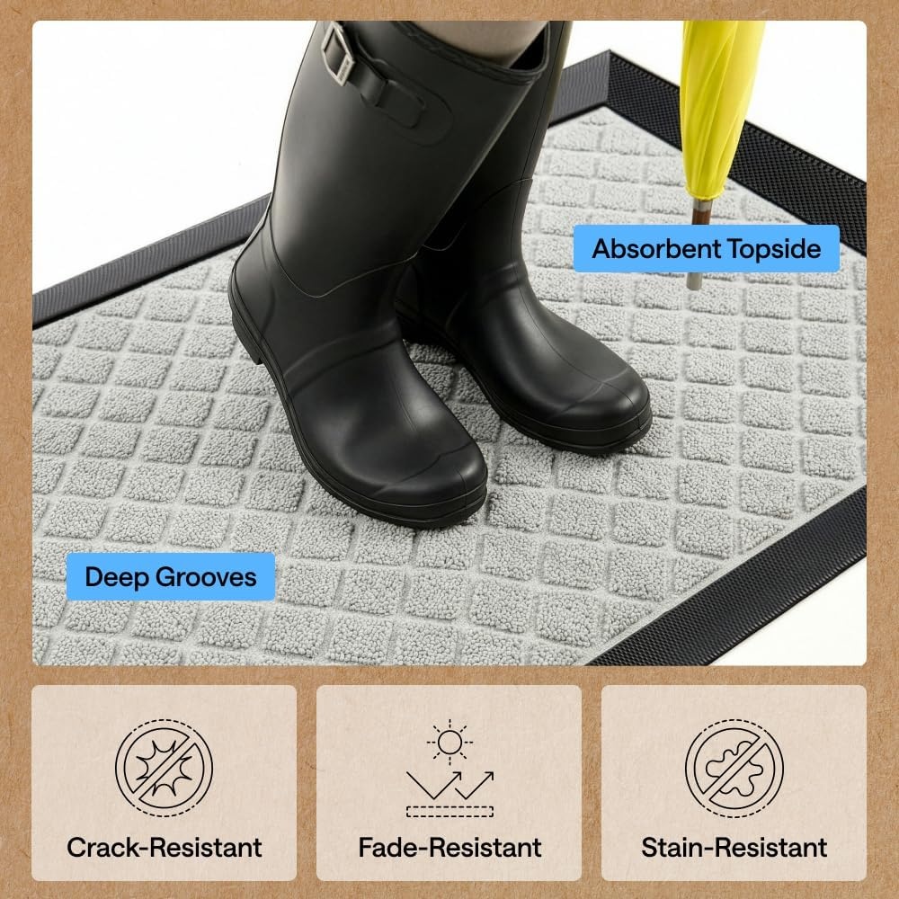 image:imageGORILLA GRIP 100 Waterproof AllSeason WeatherMAX Doormat US Designed Natural Rubber Stain Fade Resistant Low Profile Indoor Outdoor Door Mats Easy Clean 29x17 Gray DiamondLight Gray Lattice
