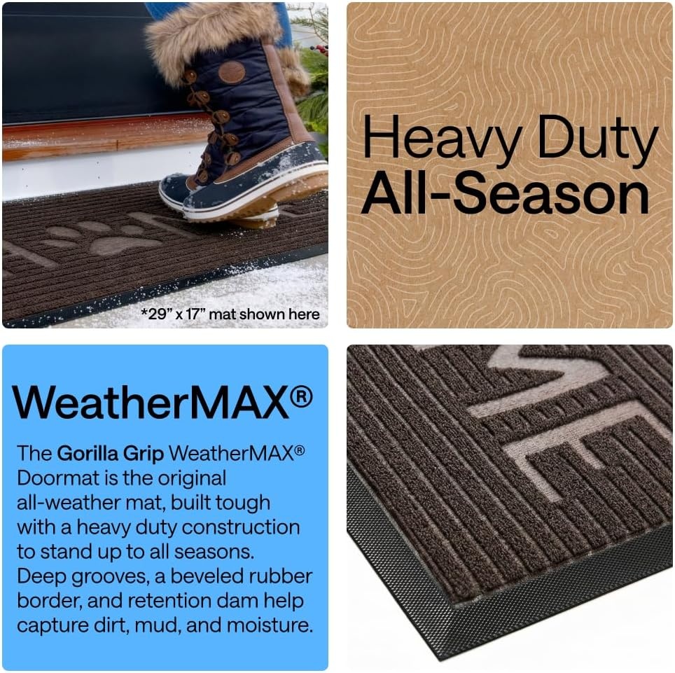 image:imageGORILLA GRIP 100 Waterproof AllSeason WeatherMAX Doormat US Designed Natural Rubber Stain Fade Resistant Low Profile Indoor Outdoor Door Mats Easy Clean 29x17 Gray DiamondEspresso Home Paw