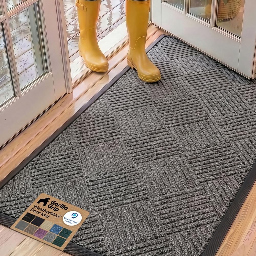 image:imageGORILLA GRIP 100 Waterproof AllSeason WeatherMAX Doormat US Designed Natural Rubber Stain Fade Resistant Low Profile Indoor Outdoor Door Mats Easy Clean 29x17 Gray DiamondGray Diamond