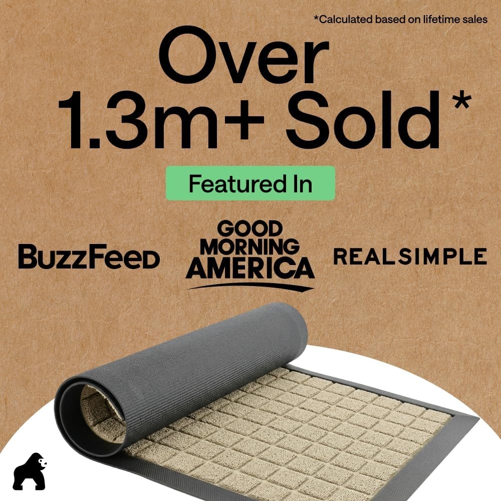 image:imageGORILLA GRIP 100 Waterproof AllSeason WeatherMAX Doormat US Designed Natural Rubber Stain Fade Resistant Low Profile Indoor Outdoor Door Mats Easy Clean 29x17 Gray DiamondTaupe Grid