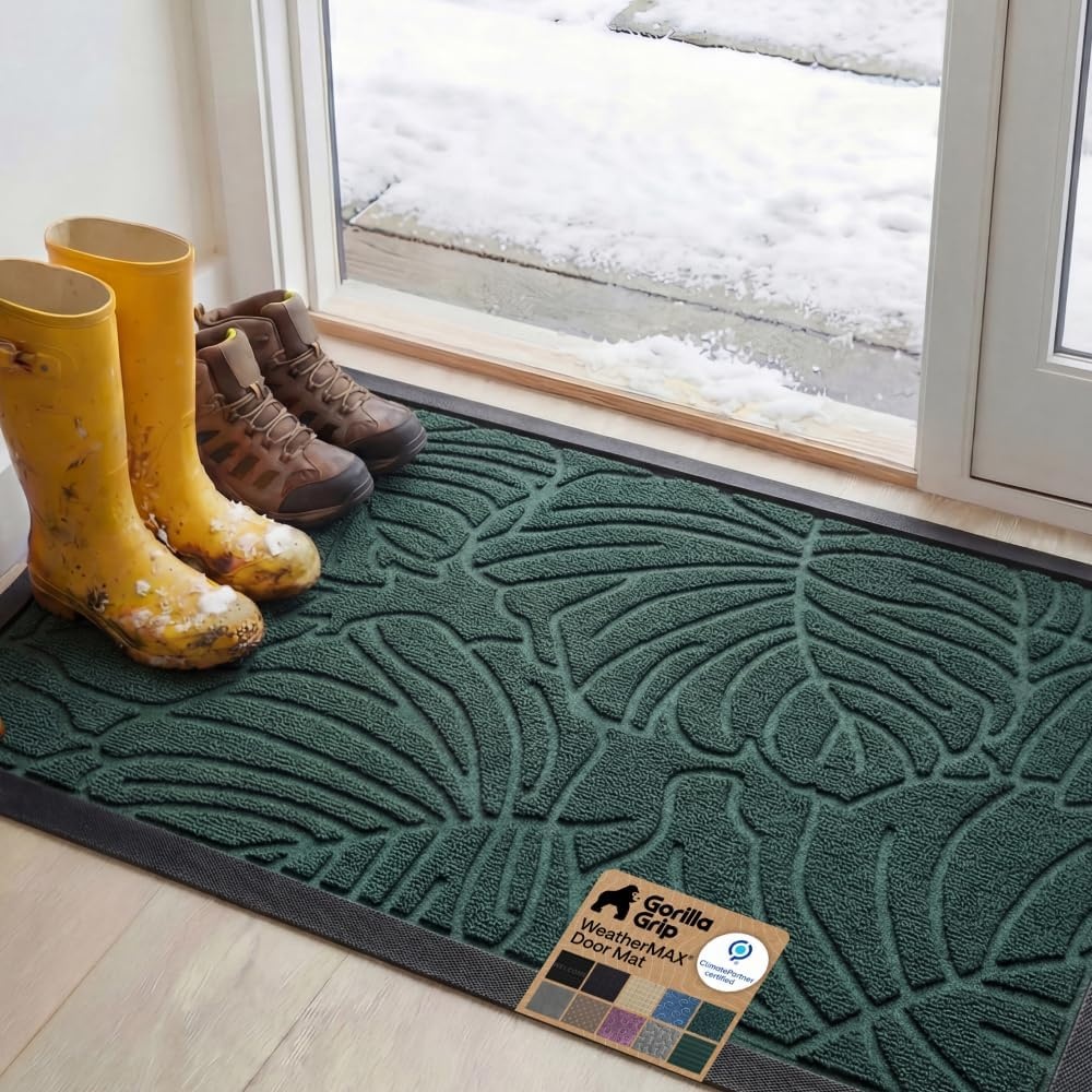 image:imageGORILLA GRIP 100 Waterproof AllSeason WeatherMAX Doormat US Designed Natural Rubber Stain Fade Resistant Low Profile Indoor Outdoor Door Mats Easy Clean 29x17 Gray DiamondGreen Palm