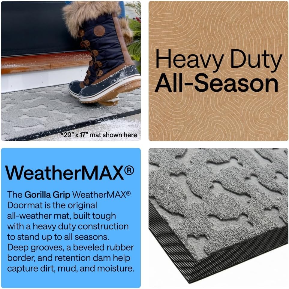 image:imageGORILLA GRIP 100 Waterproof AllSeason WeatherMAX Doormat US Designed Natural Rubber Stain Fade Resistant Low Profile Indoor Outdoor Door Mats Easy Clean 29x17 Gray DiamondLight Gray Bones