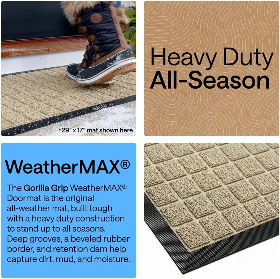 image:imageGORILLA GRIP 100 Waterproof AllSeason WeatherMAX Doormat US Designed Natural Rubber Stain Fade Resistant Low Profile Indoor Outdoor Door Mats Easy Clean 29x17 Gray DiamondTaupe Grid