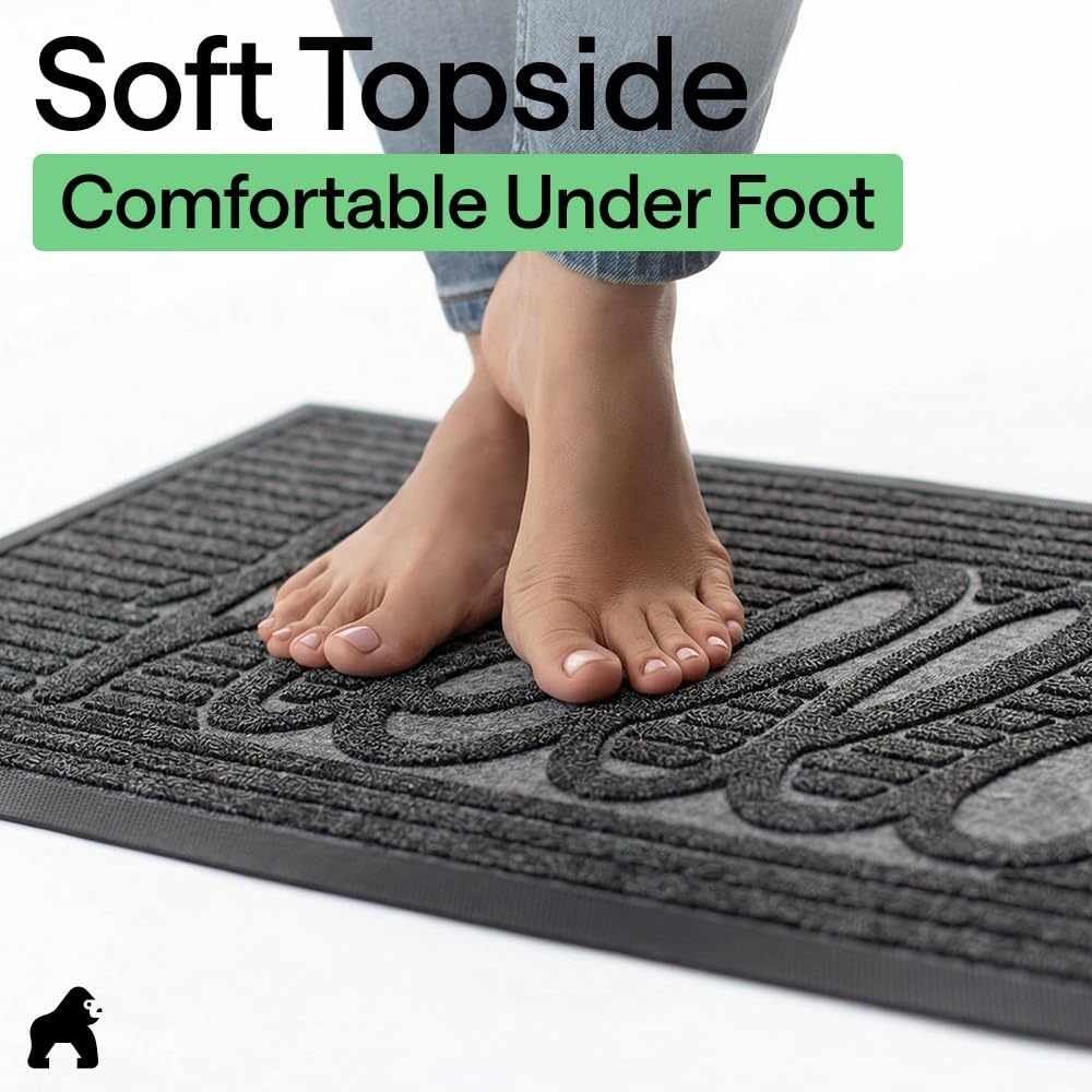 image:imageGORILLA GRIP 100 Waterproof AllSeason WeatherMAX Doormat US Designed Natural Rubber Stain Fade Resistant Low Profile Indoor Outdoor Door Mats Easy Clean 29x17 Gray DiamondCharcoal Hello