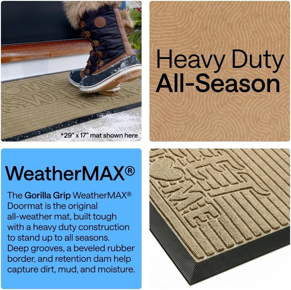 image:imageGORILLA GRIP 100 Waterproof AllSeason WeatherMAX Doormat US Designed Natural Rubber Stain Fade Resistant Low Profile Indoor Outdoor Door Mats Easy Clean 29x17 Gray DiamondAlmond Home Sweet Home