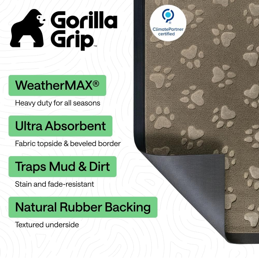 image:imageGORILLA GRIP 100 Waterproof AllSeason WeatherMAX Doormat US Designed Natural Rubber Stain Fade Resistant Low Profile Indoor Outdoor Door Mats Easy Clean 29x17 Gray DiamondTan Pawprints