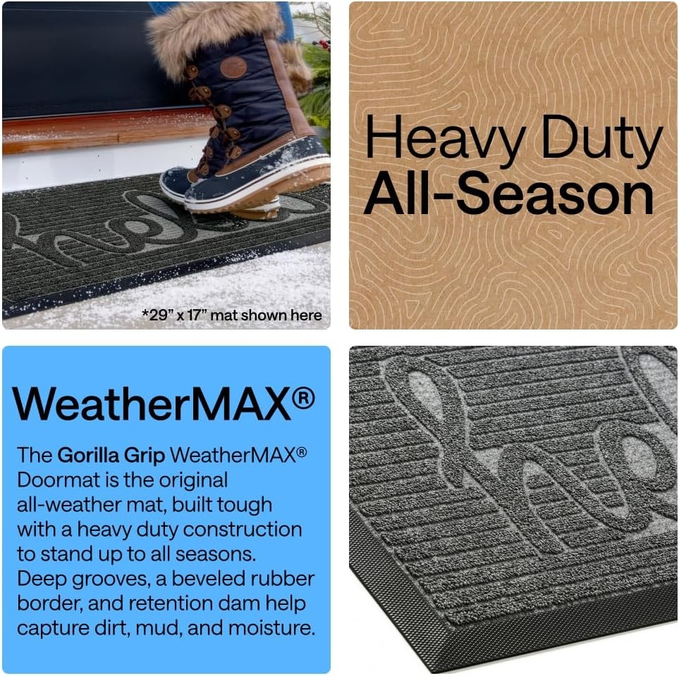 image:imageGORILLA GRIP 100 Waterproof AllSeason WeatherMAX Doormat US Designed Natural Rubber Stain Fade Resistant Low Profile Indoor Outdoor Door Mats Easy Clean 29x17 Gray DiamondCharcoal Hello
