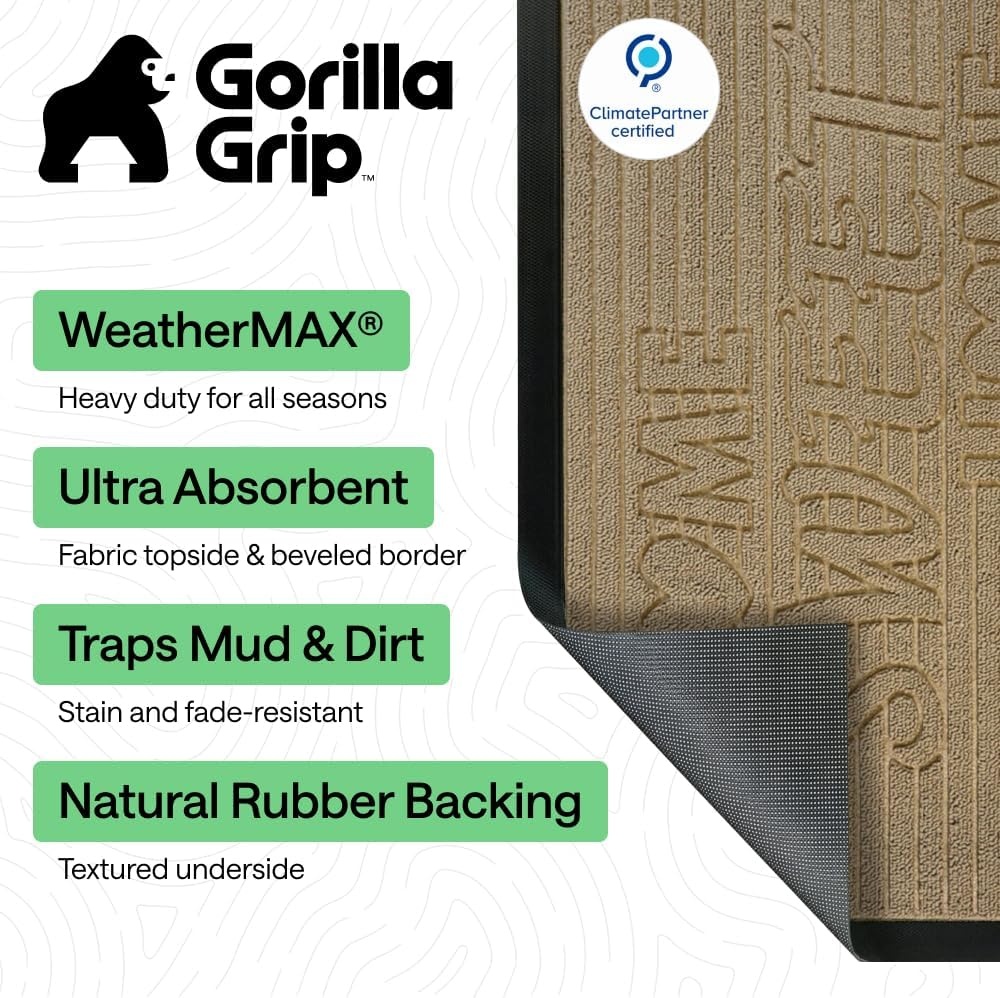 image:imageGORILLA GRIP 100 Waterproof AllSeason WeatherMAX Doormat US Designed Natural Rubber Stain Fade Resistant Low Profile Indoor Outdoor Door Mats Easy Clean 29x17 Gray DiamondAlmond Home Sweet Home