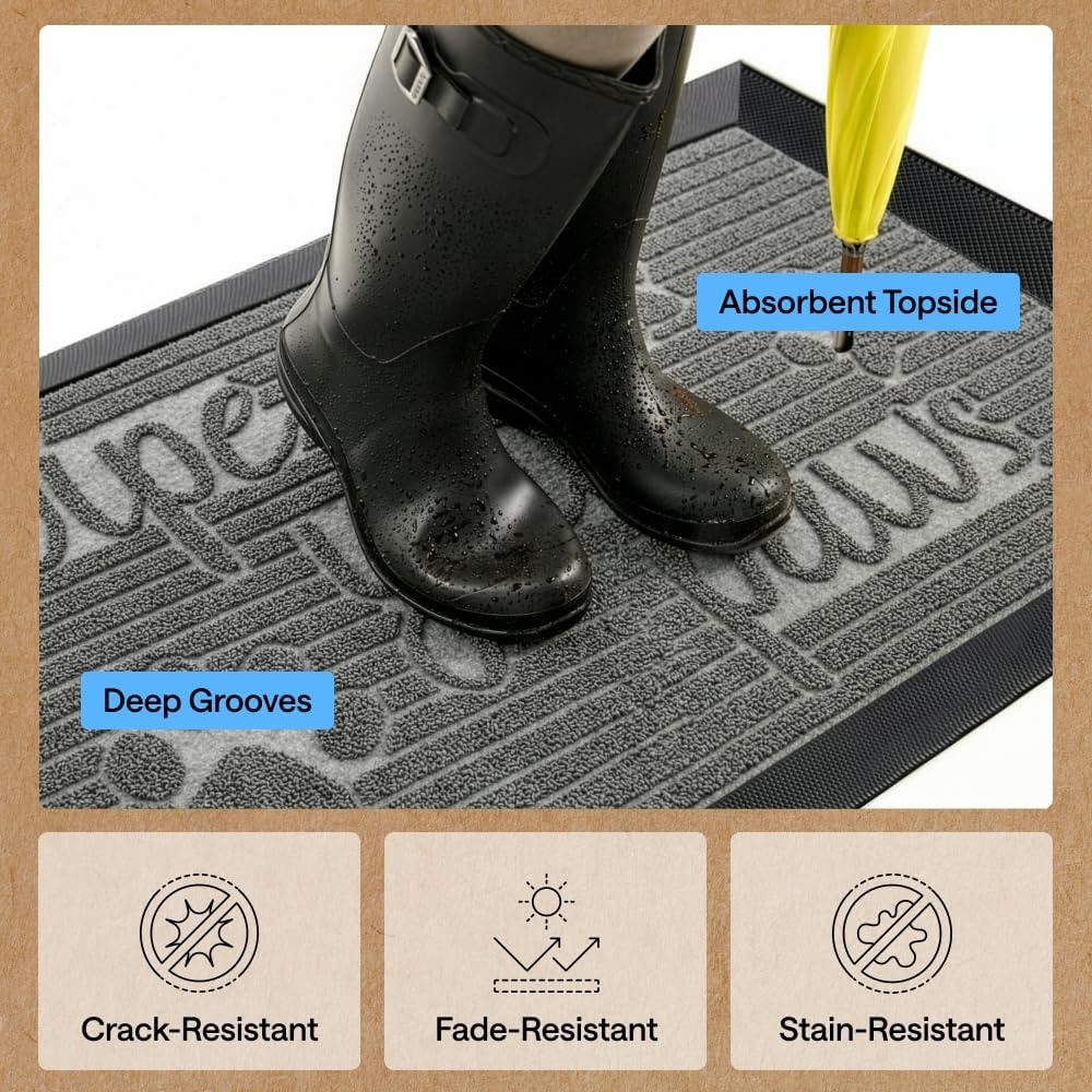 image:imageGORILLA GRIP 100 Waterproof AllSeason WeatherMAX Doormat US Designed Natural Rubber Stain Fade Resistant Low Profile Indoor Outdoor Door Mats Easy Clean 29x17 Gray DiamondStone Paws