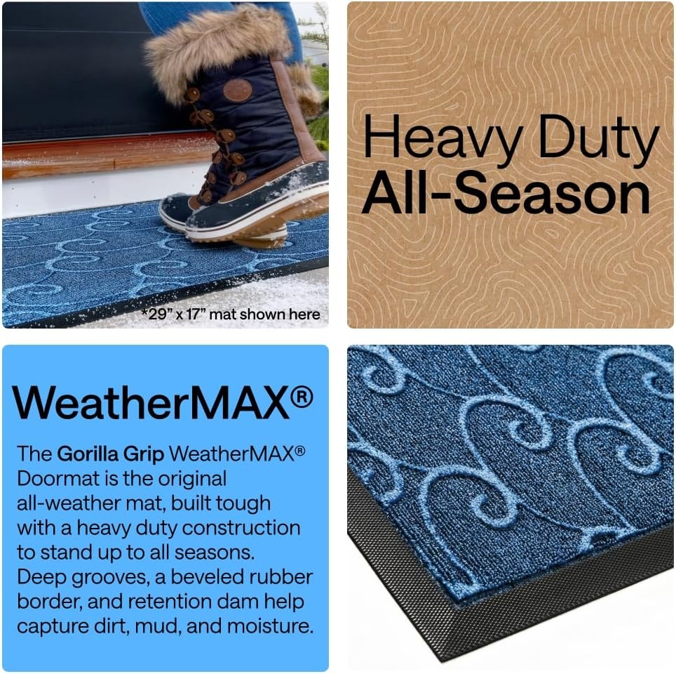 image:imageGORILLA GRIP 100 Waterproof AllSeason WeatherMAX Doormat US Designed Natural Rubber Stain Fade Resistant Low Profile Indoor Outdoor Door Mats Easy Clean 29x17 Gray DiamondOcean Blue Waves