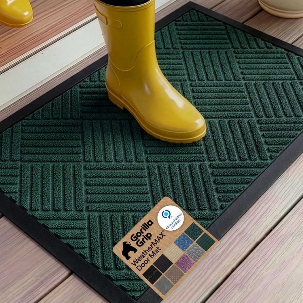 image:imageGORILLA GRIP 100 Waterproof AllSeason WeatherMAX Doormat US Designed Natural Rubber Stain Fade Resistant Low Profile Indoor Outdoor Door Mats Easy Clean 29x17 Gray DiamondGreen Diamond