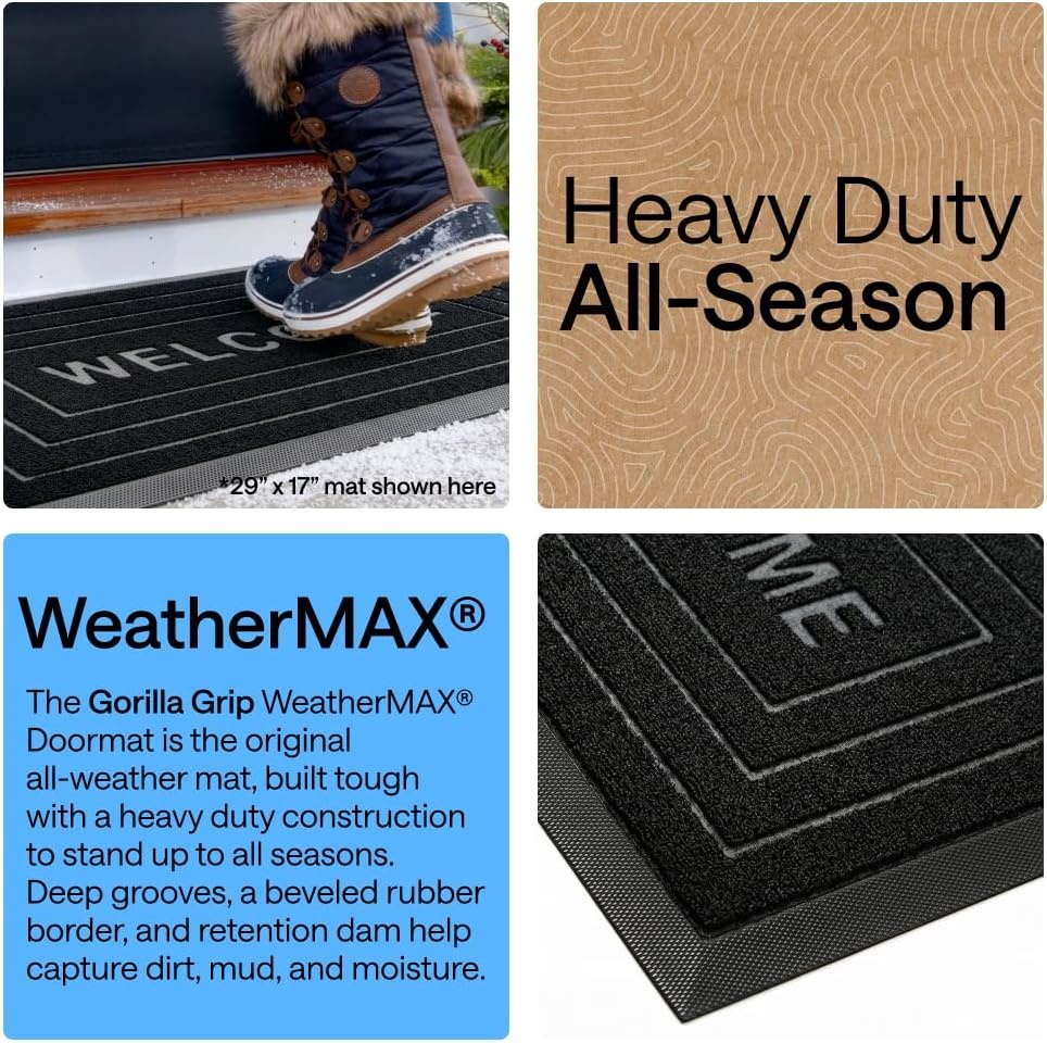 image:imageGORILLA GRIP 100 Waterproof AllSeason WeatherMAX Doormat US Designed Natural Rubber Stain Fade Resistant Low Profile Indoor Outdoor Door Mats Easy Clean 29x17 Gray DiamondBlack Welcome