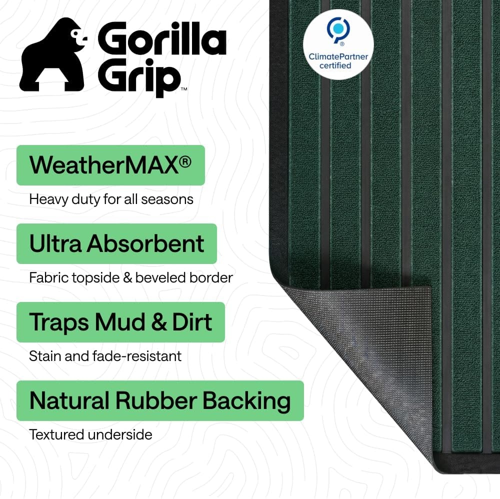 image:imageGORILLA GRIP 100 Waterproof AllSeason WeatherMAX Doormat US Designed Natural Rubber Stain Fade Resistant Low Profile Indoor Outdoor Door Mats Easy Clean 29x17 Gray DiamondGreen Stripe