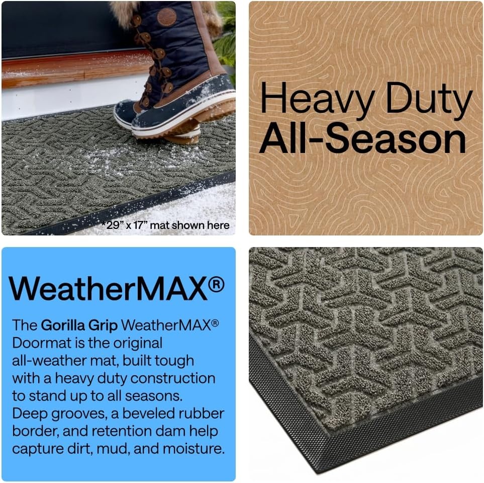 image:imageGORILLA GRIP 100 Waterproof AllSeason WeatherMAX Doormat US Designed Natural Rubber Stain Fade Resistant Low Profile Indoor Outdoor Door Mats Easy Clean 29x17 Gray DiamondSlate Geometric