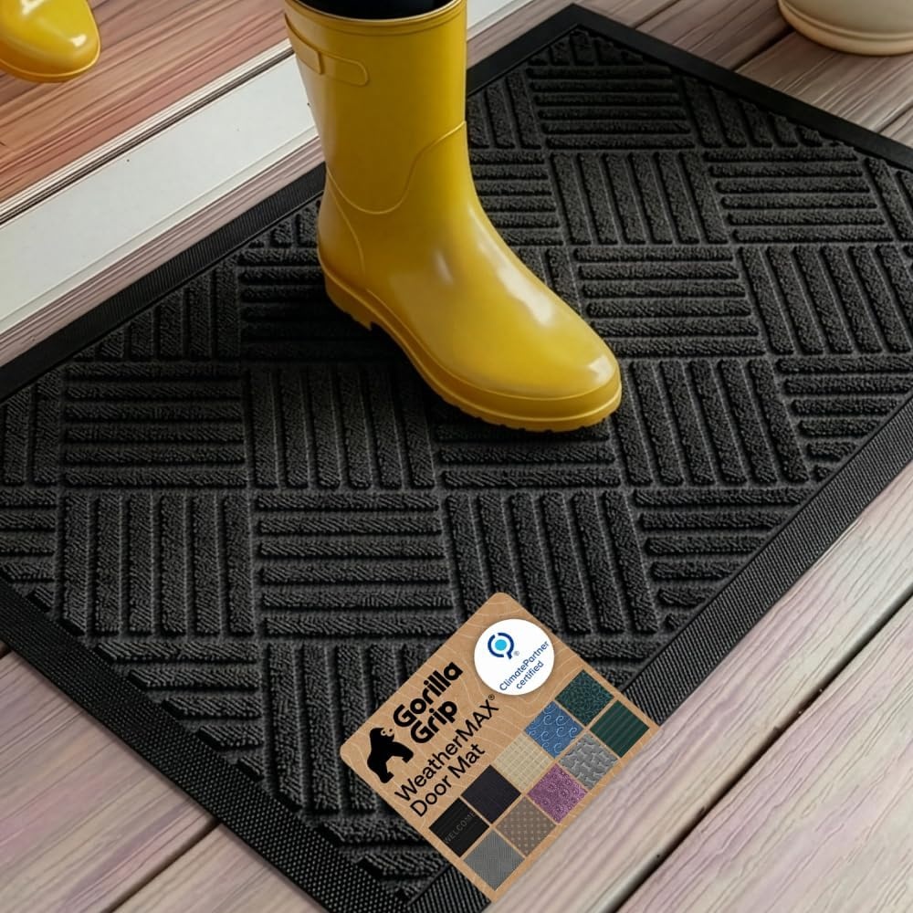 image:imageGORILLA GRIP 100 Waterproof AllSeason WeatherMAX Doormat US Designed Natural Rubber Stain Fade Resistant Low Profile Indoor Outdoor Door Mats Easy Clean 29x17 Gray DiamondBlack Diamond