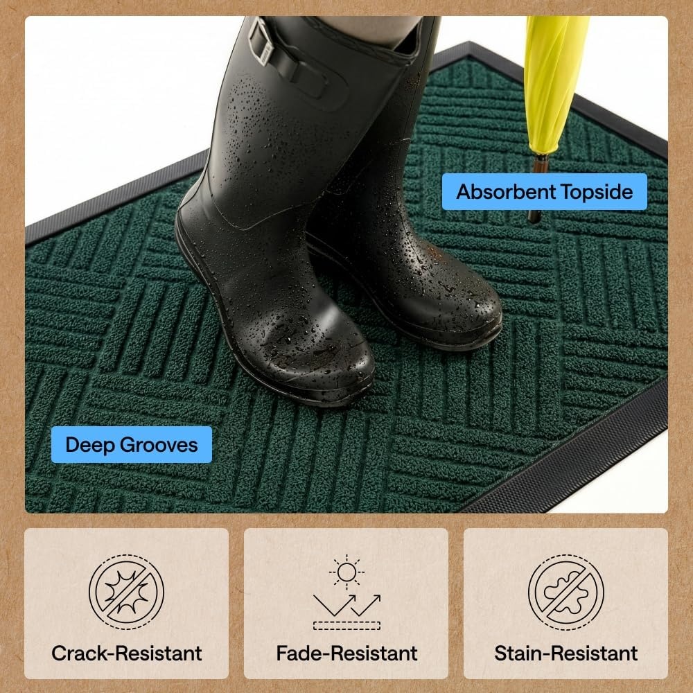image:imageGORILLA GRIP 100 Waterproof AllSeason WeatherMAX Doormat US Designed Natural Rubber Stain Fade Resistant Low Profile Indoor Outdoor Door Mats Easy Clean 29x17 Gray DiamondGreen Diamond