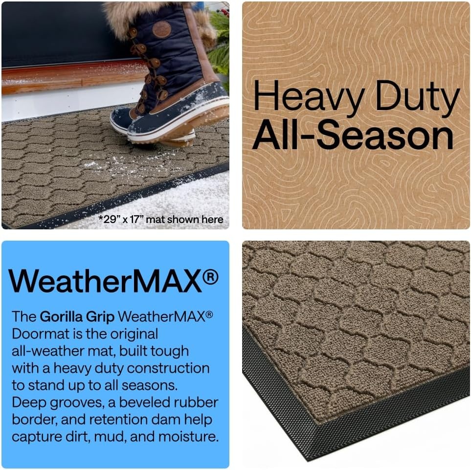 image:imageGORILLA GRIP 100 Waterproof AllSeason WeatherMAX Doormat US Designed Natural Rubber Stain Fade Resistant Low Profile Indoor Outdoor Door Mats Easy Clean 29x17 Gray DiamondBeige Quatre