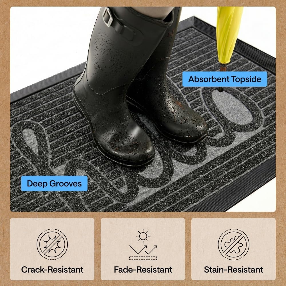 image:imageGORILLA GRIP 100 Waterproof AllSeason WeatherMAX Doormat US Designed Natural Rubber Stain Fade Resistant Low Profile Indoor Outdoor Door Mats Easy Clean 29x17 Gray DiamondCharcoal Hello