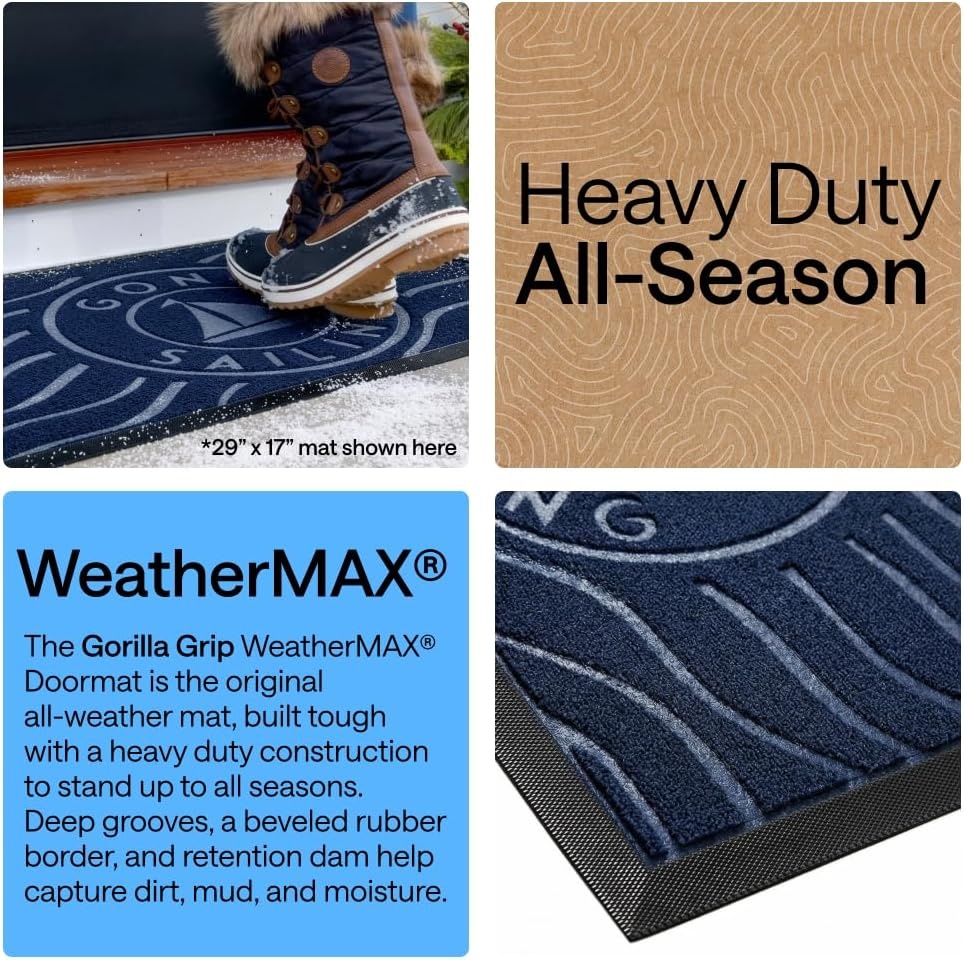 image:imageGORILLA GRIP 100 Waterproof AllSeason WeatherMAX Doormat US Designed Natural Rubber Stain Fade Resistant Low Profile Indoor Outdoor Door Mats Easy Clean 29x17 Gray DiamondBlue Gone Sailing