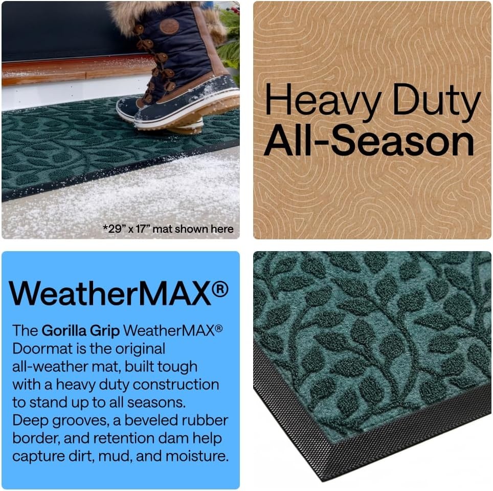 image:imageGORILLA GRIP 100 Waterproof AllSeason WeatherMAX Doormat US Designed Natural Rubber Stain Fade Resistant Low Profile Indoor Outdoor Door Mats Easy Clean 29x17 Gray DiamondMoss Vine Leaves