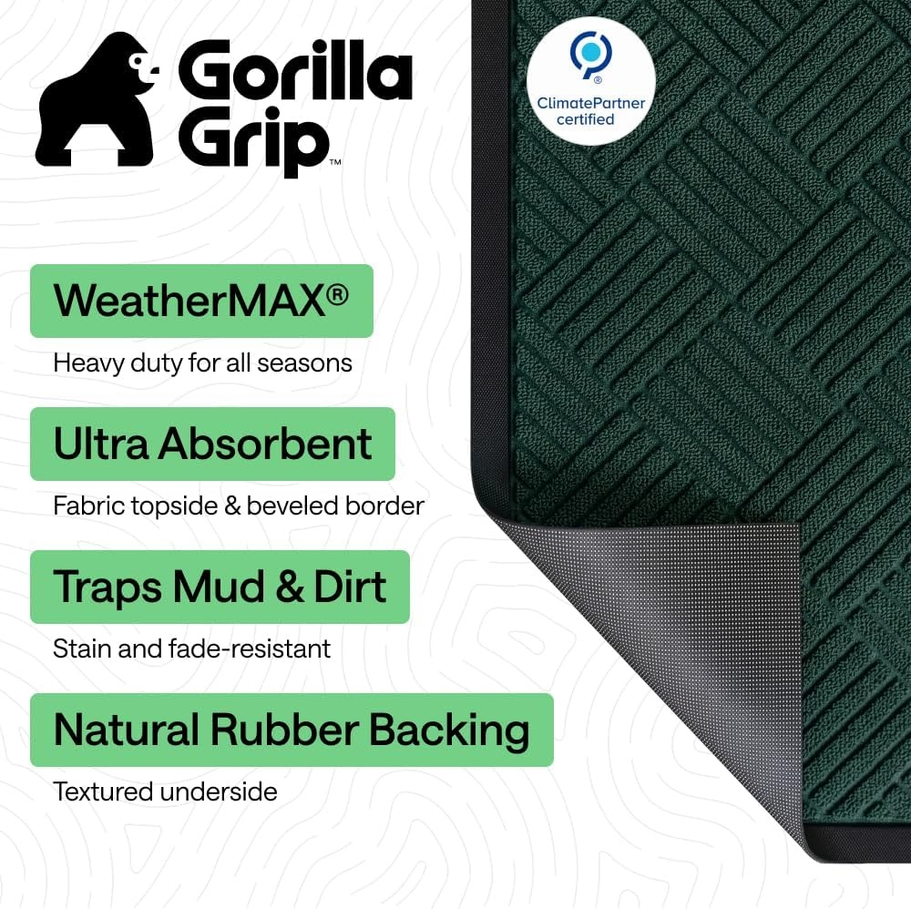 image:imageGORILLA GRIP 100 Waterproof AllSeason WeatherMAX Doormat US Designed Natural Rubber Stain Fade Resistant Low Profile Indoor Outdoor Door Mats Easy Clean 29x17 Gray DiamondGreen Diamond