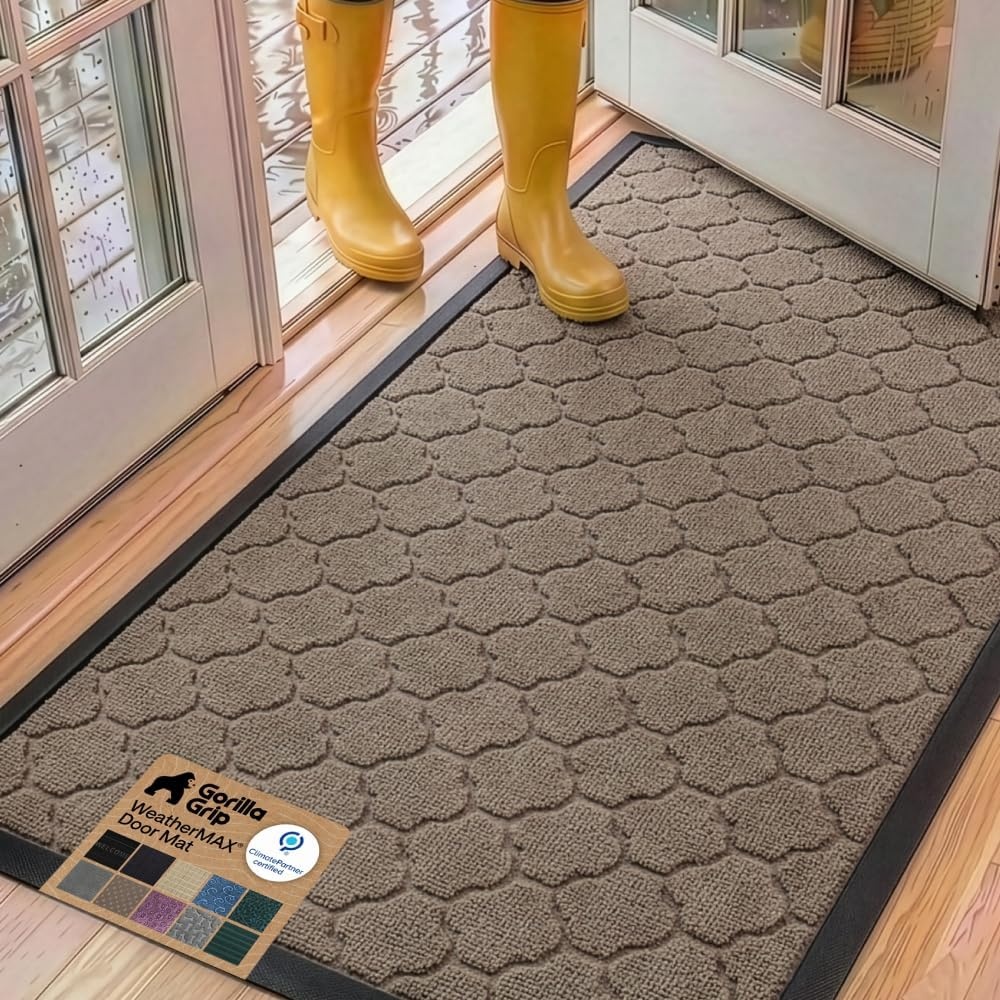 image:imageGORILLA GRIP 100 Waterproof AllSeason WeatherMAX Doormat US Designed Natural Rubber Stain Fade Resistant Low Profile Indoor Outdoor Door Mats Easy Clean 29x17 Gray DiamondLatte Quatrefoil