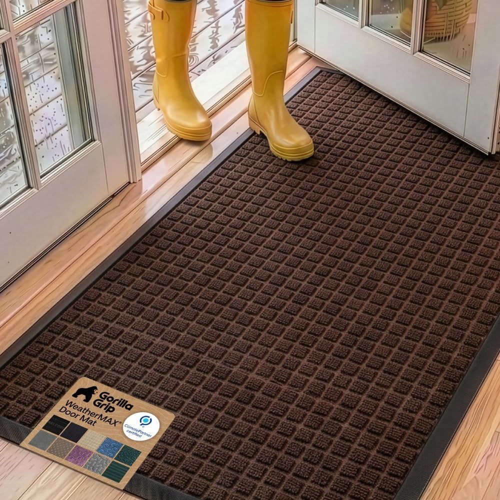 image:imageGORILLA GRIP 100 Waterproof AllSeason WeatherMAX Doormat US Designed Natural Rubber Stain Fade Resistant Low Profile Indoor Outdoor Door Mats Easy Clean 29x17 Gray DiamondCoffee Squares