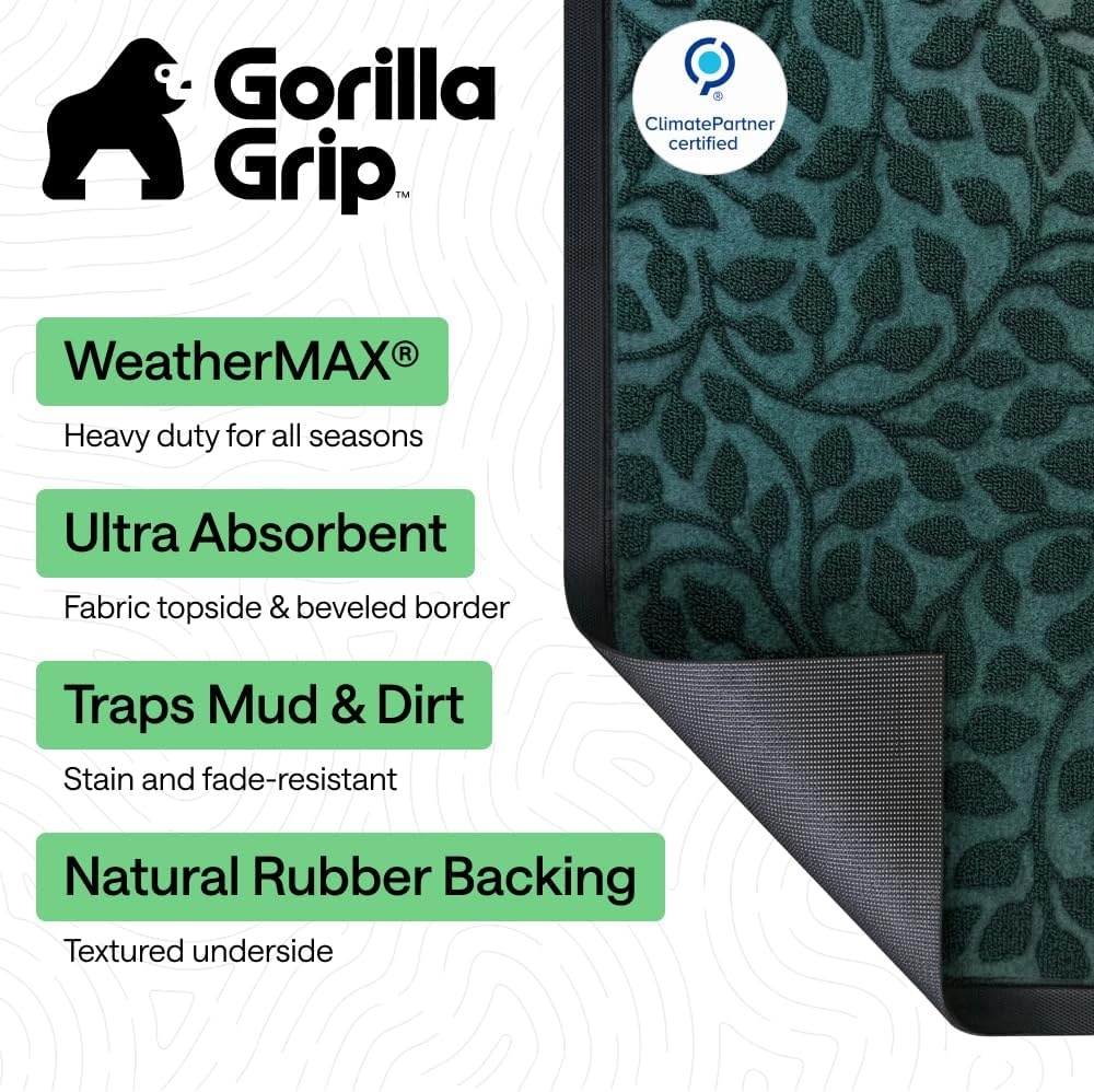 image:imageGORILLA GRIP 100 Waterproof AllSeason WeatherMAX Doormat US Designed Natural Rubber Stain Fade Resistant Low Profile Indoor Outdoor Door Mats Easy Clean 29x17 Gray DiamondMoss Vine Leaves