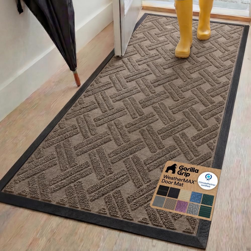image:imageGORILLA GRIP 100 Waterproof AllSeason WeatherMAX Doormat US Designed Natural Rubber Stain Fade Resistant Low Profile Indoor Outdoor Door Mats Easy Clean 29x17 Gray DiamondTaupe Basket Weave