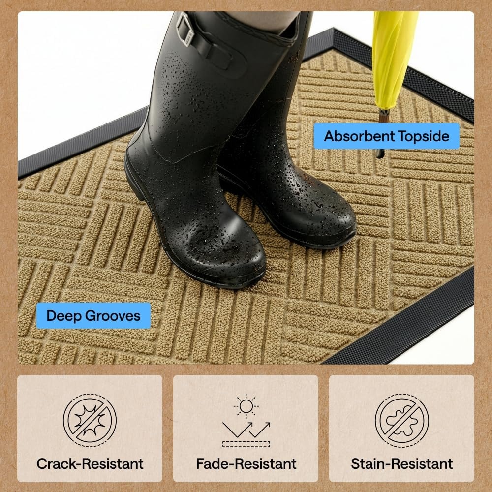 image:imageGORILLA GRIP 100 Waterproof AllSeason WeatherMAX Doormat US Designed Natural Rubber Stain Fade Resistant Low Profile Indoor Outdoor Door Mats Easy Clean 29x17 Gray DiamondBeige Diamond