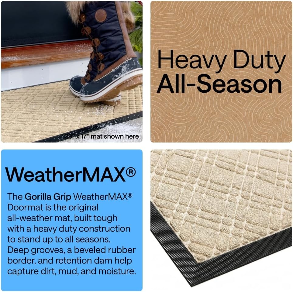 image:imageGORILLA GRIP 100 Waterproof AllSeason WeatherMAX Doormat US Designed Natural Rubber Stain Fade Resistant Low Profile Indoor Outdoor Door Mats Easy Clean 29x17 Gray DiamondModern Latte