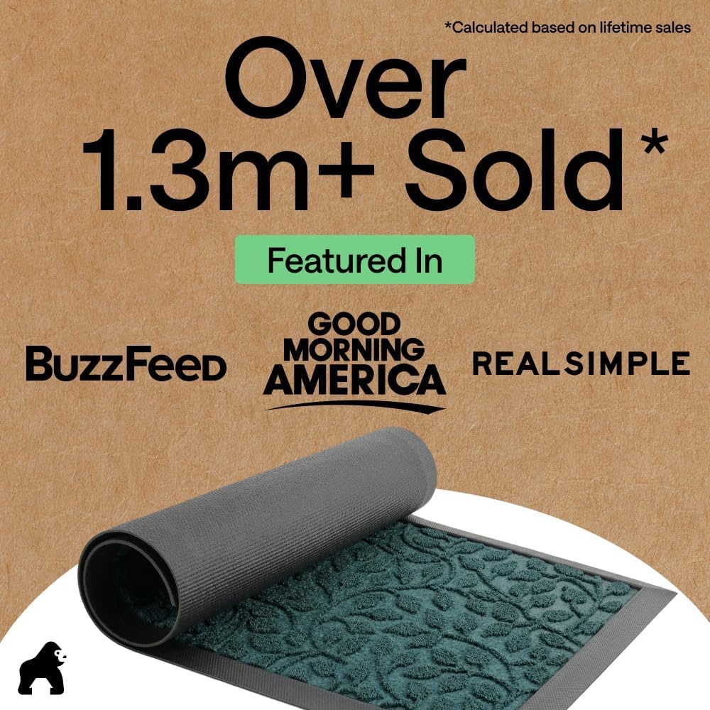 image:imageGORILLA GRIP 100 Waterproof AllSeason WeatherMAX Doormat US Designed Natural Rubber Stain Fade Resistant Low Profile Indoor Outdoor Door Mats Easy Clean 29x17 Gray DiamondMoss Vine Leaves