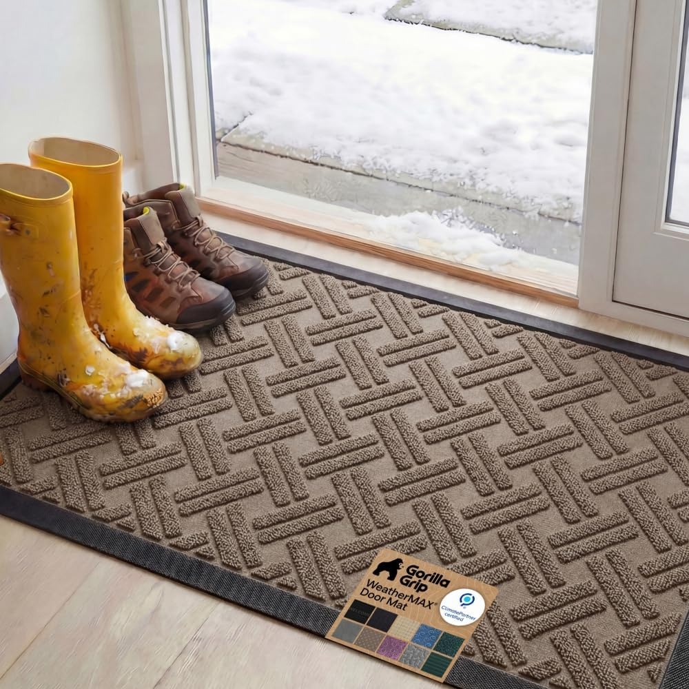 image:imageGORILLA GRIP 100 Waterproof AllSeason WeatherMAX Doormat US Designed Natural Rubber Stain Fade Resistant Low Profile Indoor Outdoor Door Mats Easy Clean 29x17 Gray DiamondTaupe Basket Weave