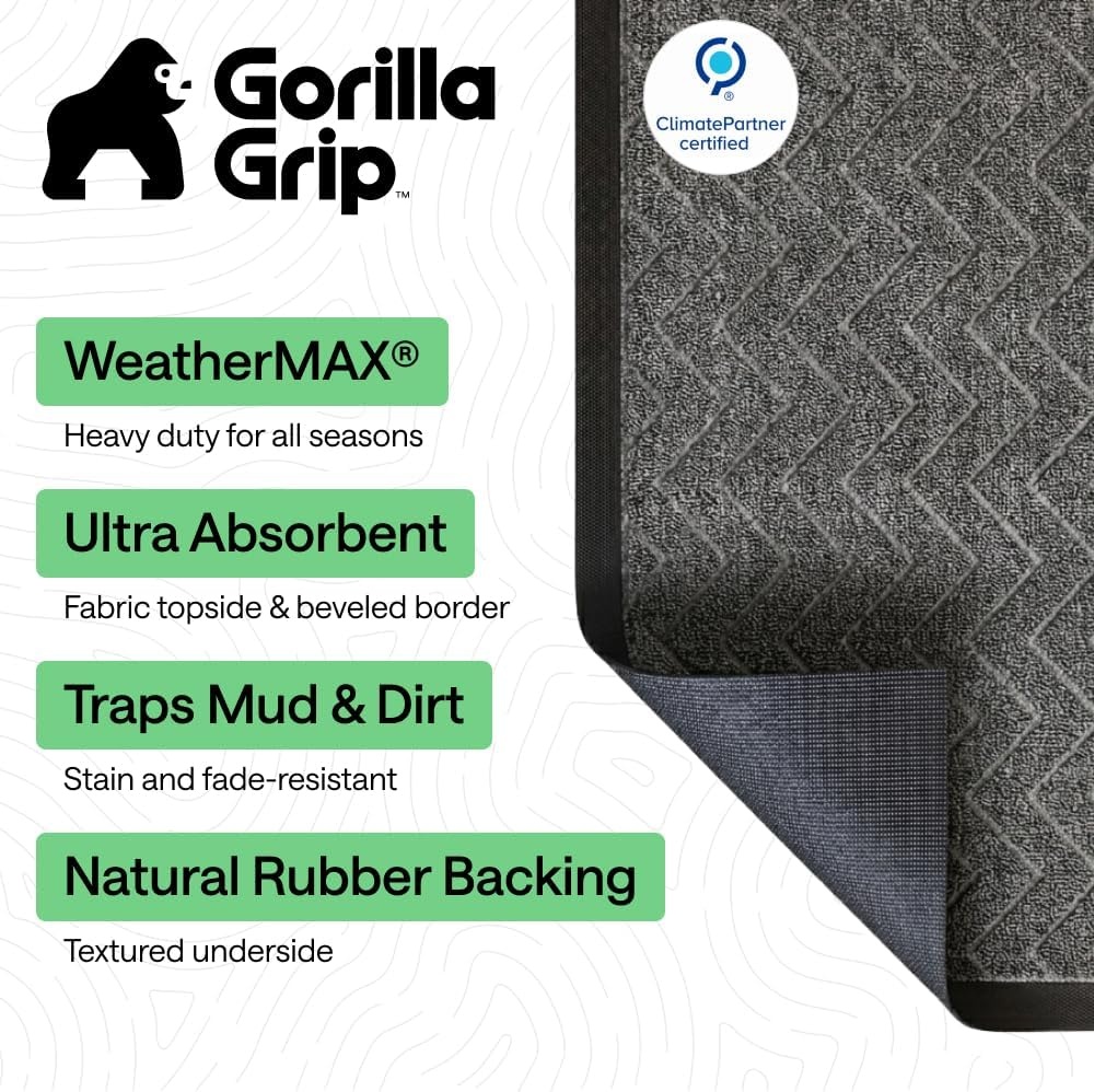 image:imageGORILLA GRIP 100 Waterproof AllSeason WeatherMAX Doormat US Designed Natural Rubber Stain Fade Resistant Low Profile Indoor Outdoor Door Mats Easy Clean 29x17 Gray DiamondSteel Chevron