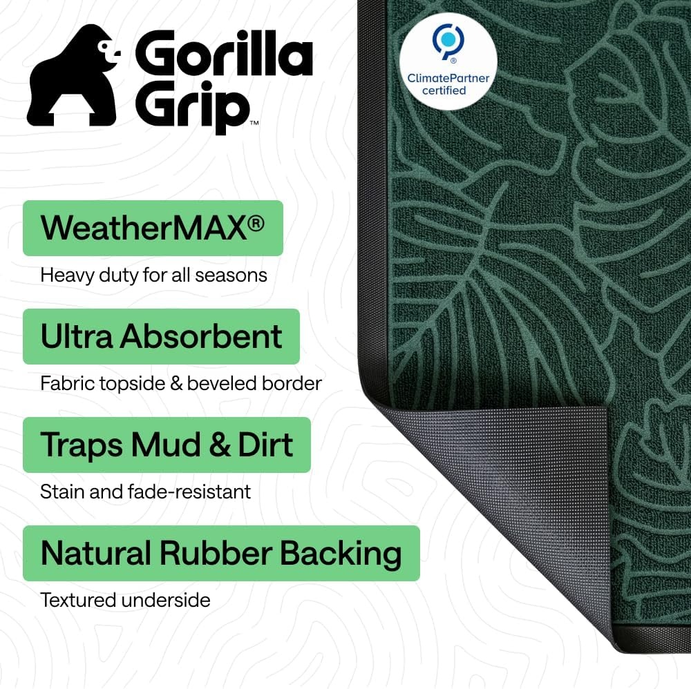 image:imageGORILLA GRIP 100 Waterproof AllSeason WeatherMAX Doormat US Designed Natural Rubber Stain Fade Resistant Low Profile Indoor Outdoor Door Mats Easy Clean 29x17 Gray DiamondGreen Palm