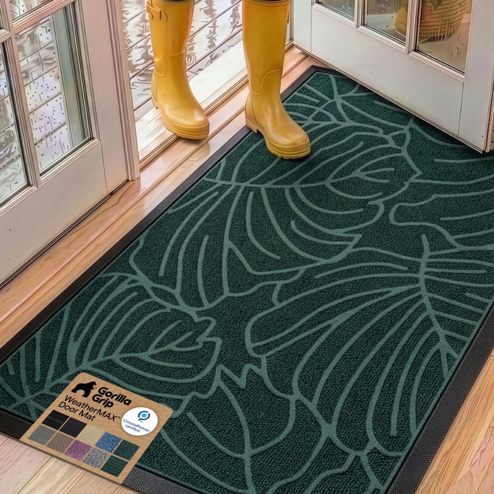 image:imageGORILLA GRIP 100 Waterproof AllSeason WeatherMAX Doormat US Designed Natural Rubber Stain Fade Resistant Low Profile Indoor Outdoor Door Mats Easy Clean 29x17 Gray DiamondGreen Palm