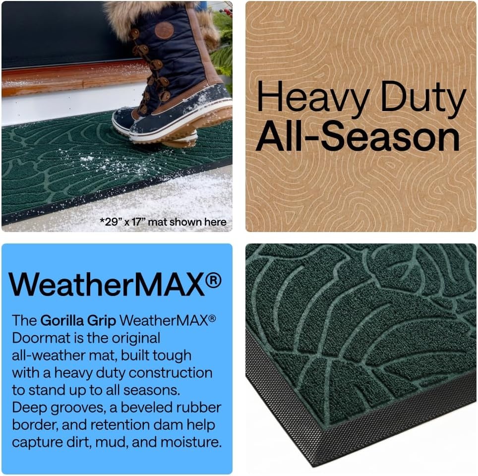 image:imageGORILLA GRIP 100 Waterproof AllSeason WeatherMAX Doormat US Designed Natural Rubber Stain Fade Resistant Low Profile Indoor Outdoor Door Mats Easy Clean 29x17 Gray DiamondGreen Palm