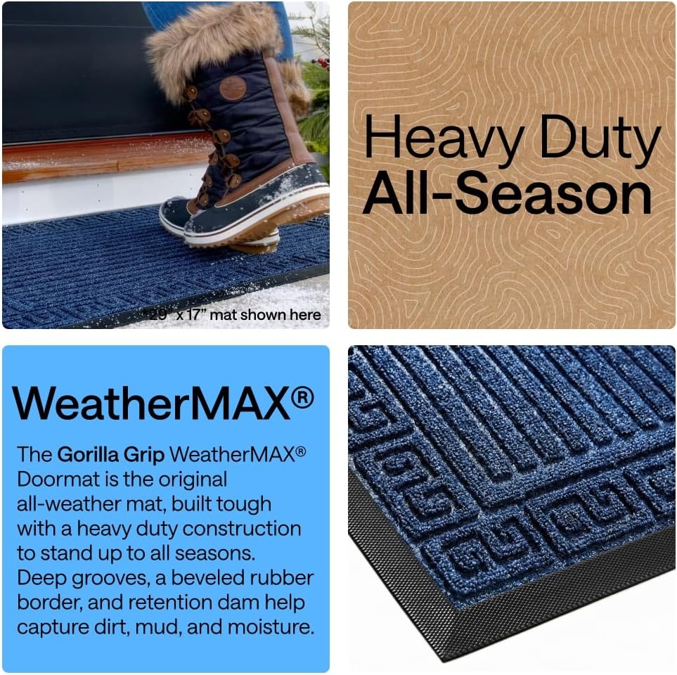 image:imageGORILLA GRIP 100 Waterproof AllSeason WeatherMAX Doormat US Designed Natural Rubber Stain Fade Resistant Low Profile Indoor Outdoor Door Mats Easy Clean 29x17 Gray DiamondNavy Greek Keys