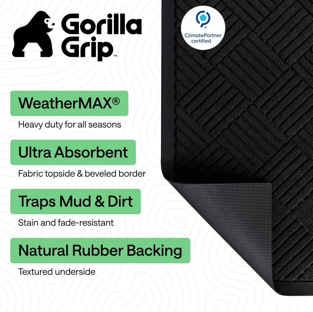 image:imageGORILLA GRIP 100 Waterproof AllSeason WeatherMAX Doormat US Designed Natural Rubber Stain Fade Resistant Low Profile Indoor Outdoor Door Mats Easy Clean 29x17 Gray DiamondBlack Diamond