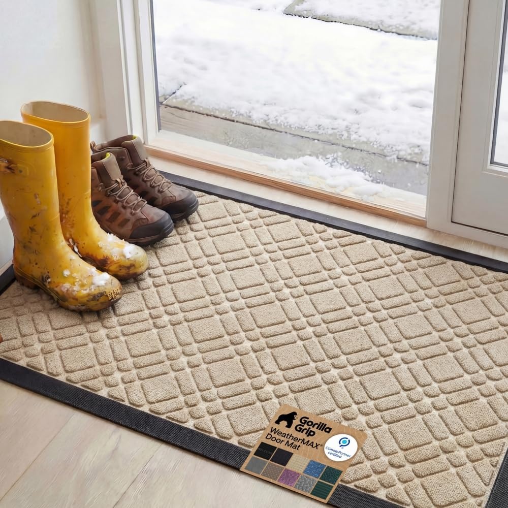 image:imageGORILLA GRIP 100 Waterproof AllSeason WeatherMAX Doormat US Designed Natural Rubber Stain Fade Resistant Low Profile Indoor Outdoor Door Mats Easy Clean 29x17 Gray DiamondModern Latte