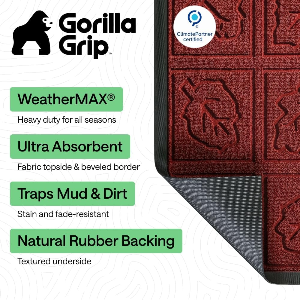 image:imageGORILLA GRIP 100 Waterproof AllSeason WeatherMAX Doormat US Designed Natural Rubber Stain Fade Resistant Low Profile Indoor Outdoor Door Mats Easy Clean 29x17 Gray DiamondBurgundy Leaves