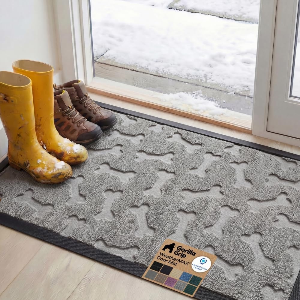 image:imageGORILLA GRIP 100 Waterproof AllSeason WeatherMAX Doormat US Designed Natural Rubber Stain Fade Resistant Low Profile Indoor Outdoor Door Mats Easy Clean 29x17 Gray DiamondLight Gray Bones