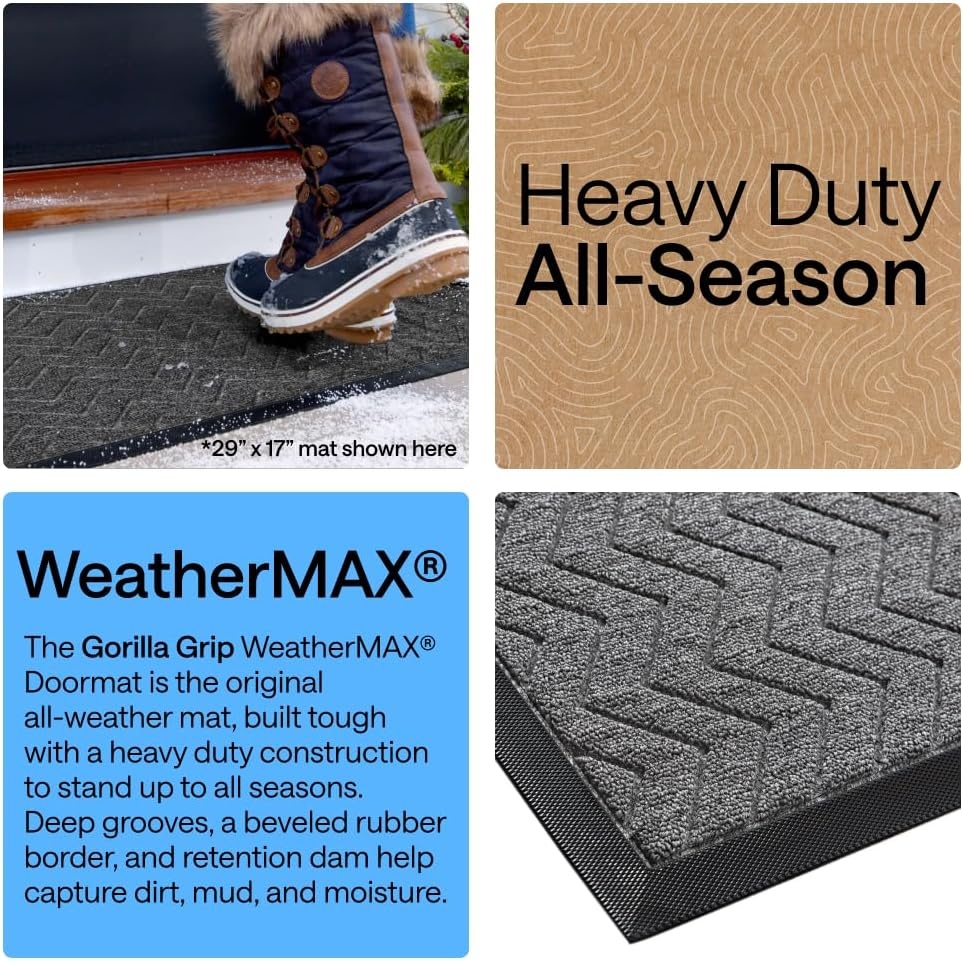 image:imageGORILLA GRIP 100 Waterproof AllSeason WeatherMAX Doormat US Designed Natural Rubber Stain Fade Resistant Low Profile Indoor Outdoor Door Mats Easy Clean 29x17 Gray DiamondSteel Chevron