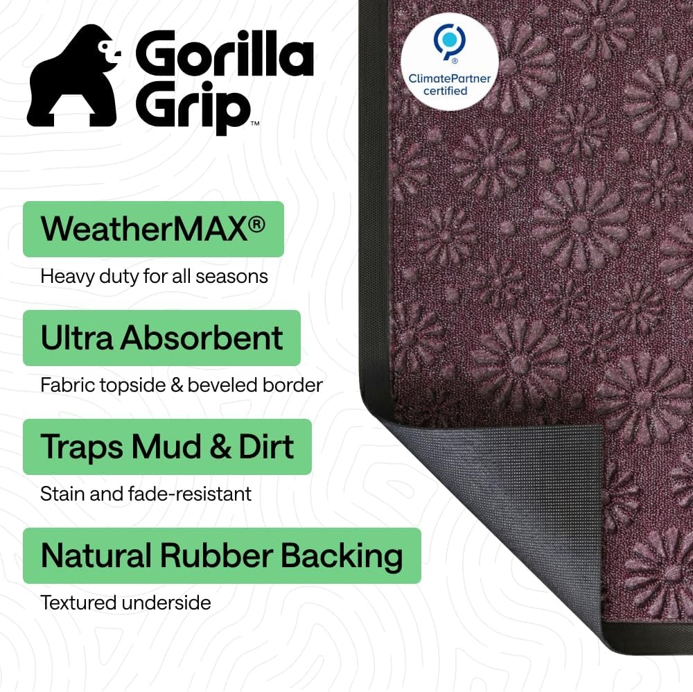 image:imageGORILLA GRIP 100 Waterproof AllSeason WeatherMAX Doormat US Designed Natural Rubber Stain Fade Resistant Low Profile Indoor Outdoor Door Mats Easy Clean 29x17 Gray DiamondPurple Confetti Daisy