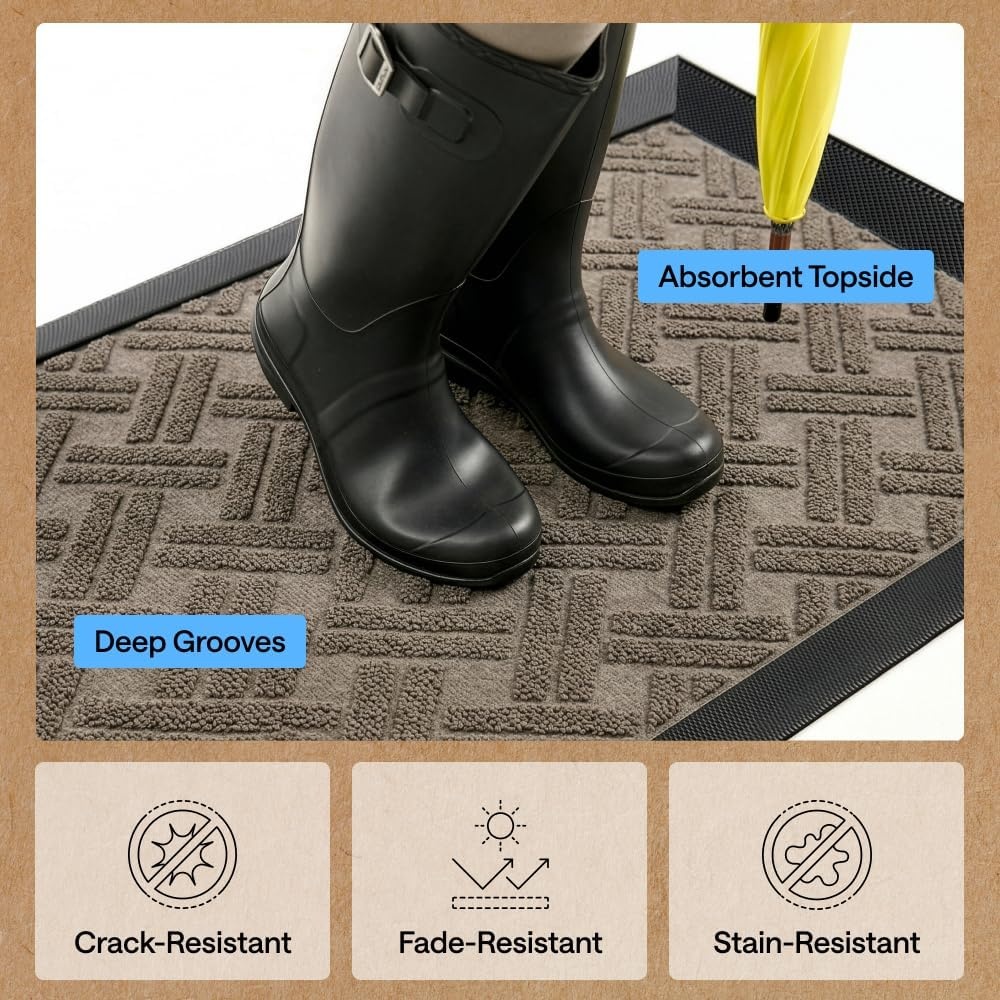 image:imageGORILLA GRIP 100 Waterproof AllSeason WeatherMAX Doormat US Designed Natural Rubber Stain Fade Resistant Low Profile Indoor Outdoor Door Mats Easy Clean 29x17 Gray DiamondTaupe Basket Weave