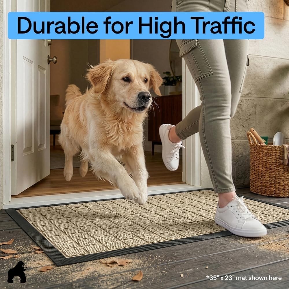 image:imageGORILLA GRIP 100 Waterproof AllSeason WeatherMAX Doormat US Designed Natural Rubber Stain Fade Resistant Low Profile Indoor Outdoor Door Mats Easy Clean 29x17 Gray DiamondTaupe Grid