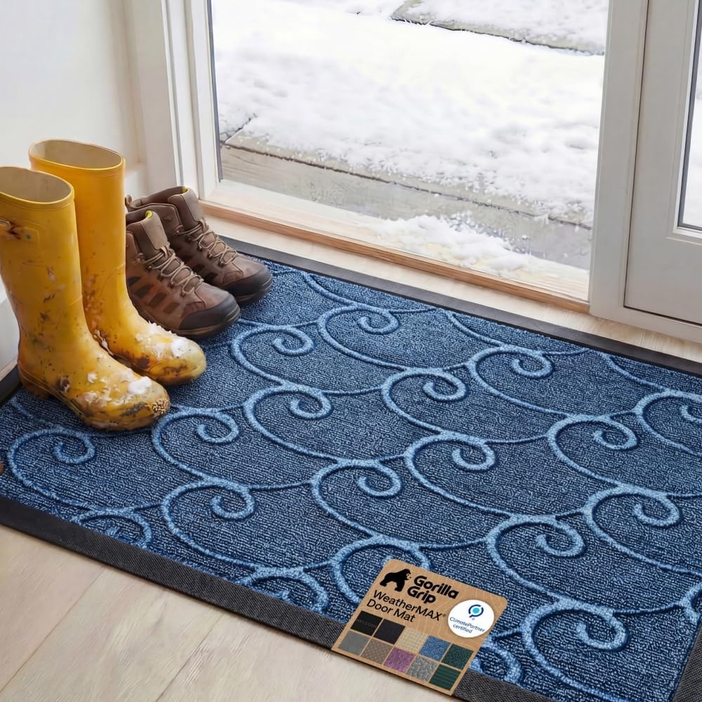image:imageGORILLA GRIP 100 Waterproof AllSeason WeatherMAX Doormat US Designed Natural Rubber Stain Fade Resistant Low Profile Indoor Outdoor Door Mats Easy Clean 29x17 Gray DiamondOcean Blue Waves